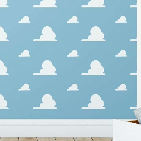 Andy's Room Cloud White Vinyl Decal Wall Pattern: Kids Toy Bedroom and Nursery Faux Wallpaper Decor, Story Day Cares, Schools, Libraries