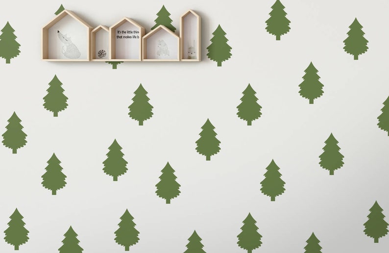 Pine Tree Vinyl Wall Decals Woodland Home Decor Bushy Forest Scandinavian Themed Nursery Or Kids Bedroom Faux Modern Wallpaper