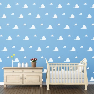 Cloud Vinyl Decal Wall: Andy's Rom, Kids Toy Bedroom Nursery, Faux Wallpaper Decor, Story, Play rooms, Day Cares, Schools, Libraries Sticker