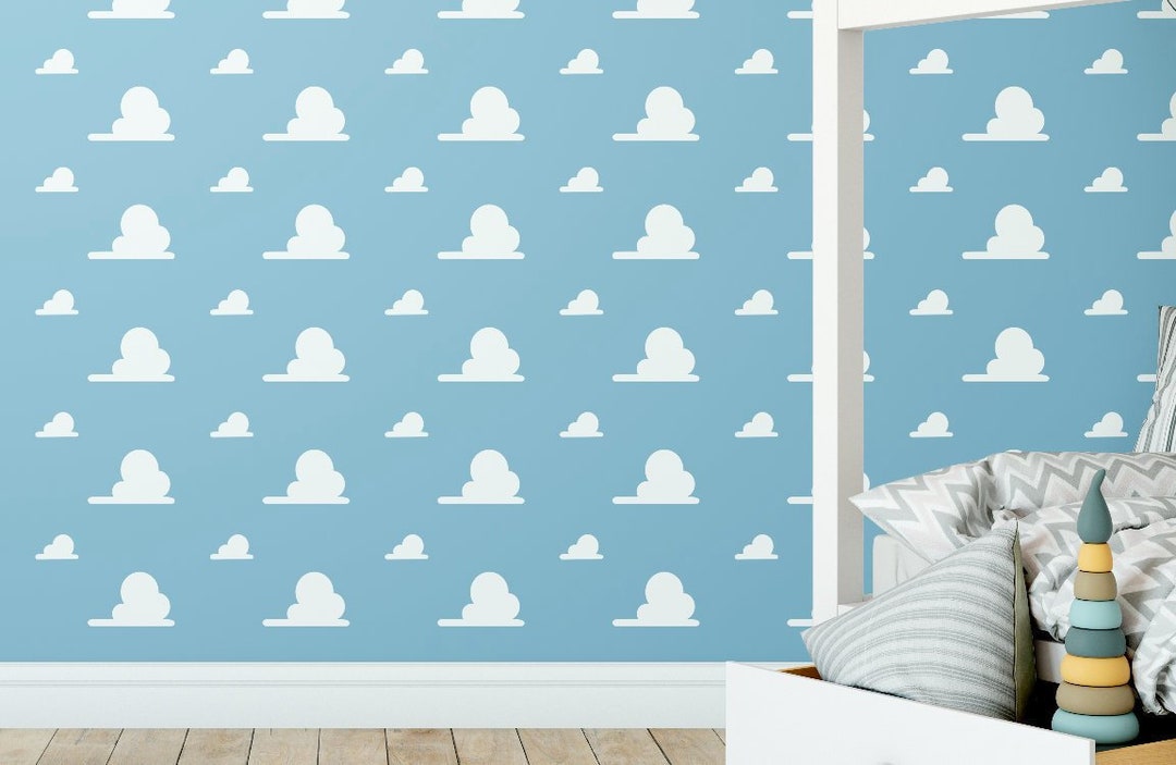 Andy's Room Cloud White Vinyl Decal Wall Pattern Kids Toy Bedroom and Nursery Faux Wallpaper