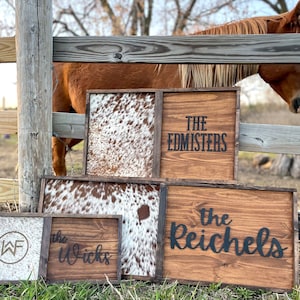 Cowhide branding frame, cowhide wood sign, family heirloom, unity ceremony, western last name sign, genuine cowhide sign