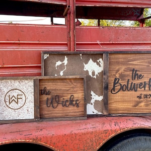 Cowhide branding frame, cowhide wood sign, family heirloom, unity ceremony, western last name sign, genuine cowhide sign