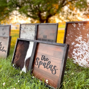 Cowhide branding frame, cowhide wood sign, family heirloom, unity ceremony, western last name sign, genuine cowhide sign