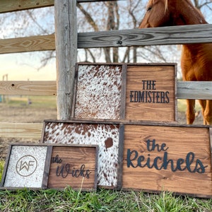 Cowhide branding frame, cowhide wood sign, family heirloom, unity ceremony, western last name sign, genuine cowhide sign