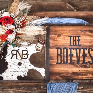 Cowhide branding frame, cowhide wood sign, family heirloom, unity ceremony, western last name sign, genuine cowhide sign