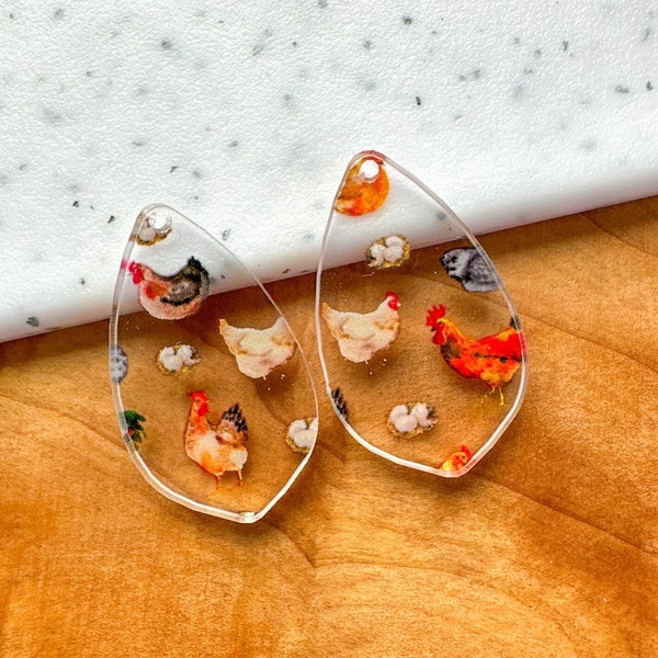 Chicken Rooster egg print Earring blanks -4pcs l Plexi Earring Findings, Acrylic Earring Pendants, Blank Components, DIY Supplies