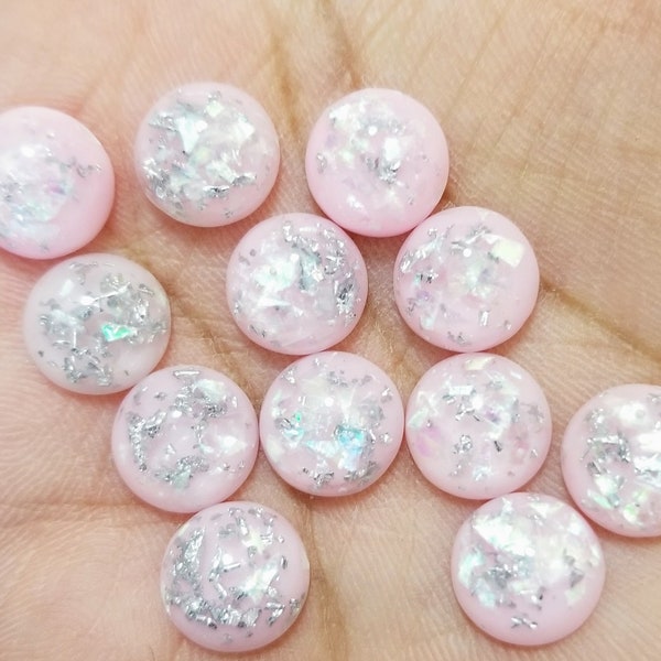 Light Pink silver leaf Opal 10mm Resin Dome Cabochons - 10 pcs