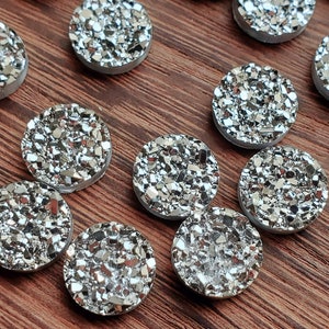 Metallic Silver 12mm Faux quartz Druzy Cabochons 10pcs l Earring making jewelry supplies, Round resin bezel Cabochon DIY