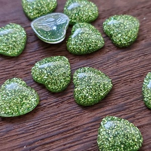 Lime Glitter 12x11mm resin hearts 10pcs (see description) l Earring making jewelry supplies, Resin heart Cabochon DIY supplies