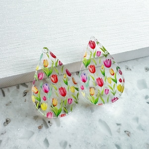 Spring tulip floral print Earring blanks -4pcs l Earring Findings, Acrylic Earring Pendants, Jewelry Components, DIY Jewelry Supplies