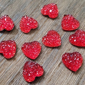 Crystal Red 12mm faux druzy flat hearts 10pcs l Earring making jewelry supplies, Resin heart Cabochon DIY supplies