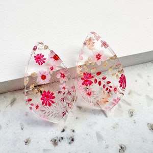 Pink floral print Earring blanks -4pcs l Plexi Earring Findings, Acrylic Earring Pendants, Blanks, DIY Jewelry Supplies