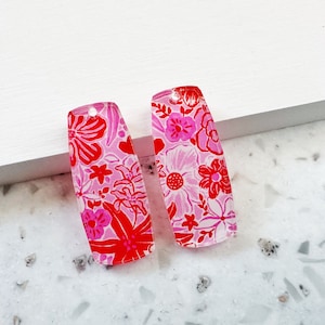 Pink and red flower print Earring blanks -4pcs l Plexi Earring Findings, Acrylic Earring Pendants, Blanks, DIY Jewelry Supplies