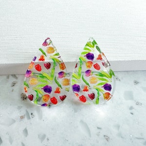 Colorful tulip flower print Earring blanks -4pcs l Earring Findings, Acrylic Earring Pendants, Jewelry Components, DIY Jewelry Supplies