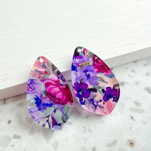 Purple pink floral cluster print Earring blanks -4pcs l Plexi Earring Findings, Acrylic Earring Pendants, Blanks, DIY Jewelry Supplies