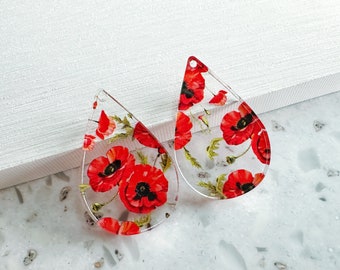 Red poppy flower print Earring blanks -4pcs l Earring Findings, Acrylic Earring Pendants, Jewelry Components, DIY Jewelry Supplies