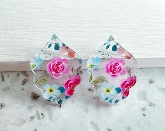 Pink and aqua flower print Earring blanks -4pcs l Earring Findings, Acrylic Earring Pendants, Jewelry Components, DIY Jewelry Supplies