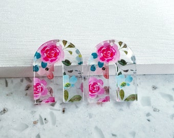 Pink and aqua flower print Earring blanks -4pcs l Earring Findings, Acrylic Earring Pendants, Jewelry Components, DIY Jewelry Supplies