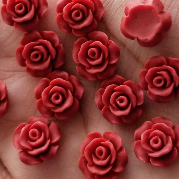Matte Deep red 13mm Rose flower Cabochons 10pcs l Earring making jewelry supplies, Resin flower Cabochon DIY supplies
