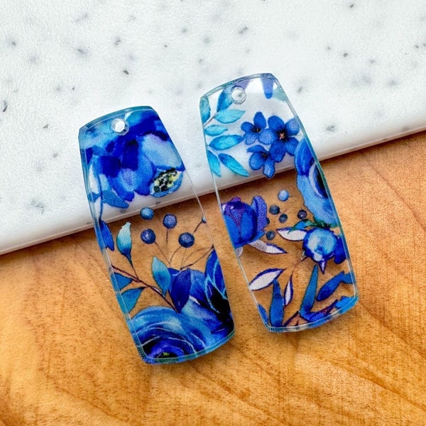 Royal blue floral print Earring blanks -4pcs l Plexi Earring Findings, Acrylic Earring Pendants, Blank Components, DIY Jewelry Supplies