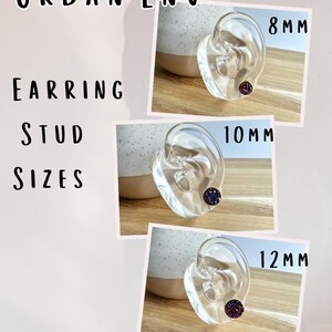 The image is a collage of three images showing different earring stud sizes, ranging from 8mm to 12mm.