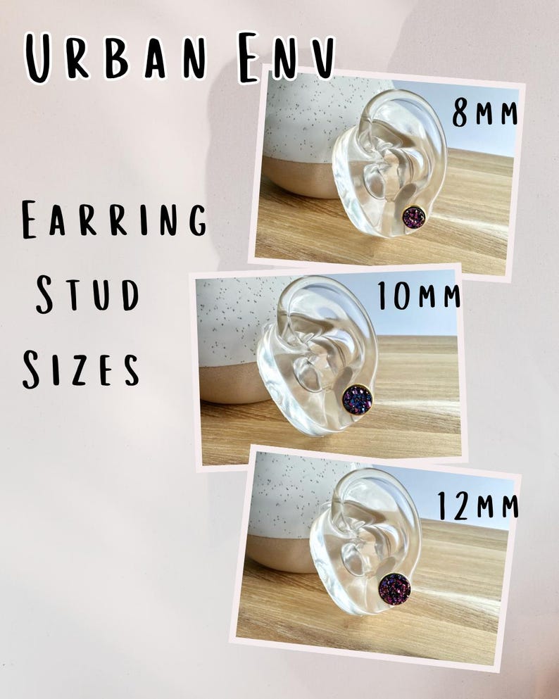The image is a collage of three images showing different earring stud sizes, ranging from 8mm to 12mm.