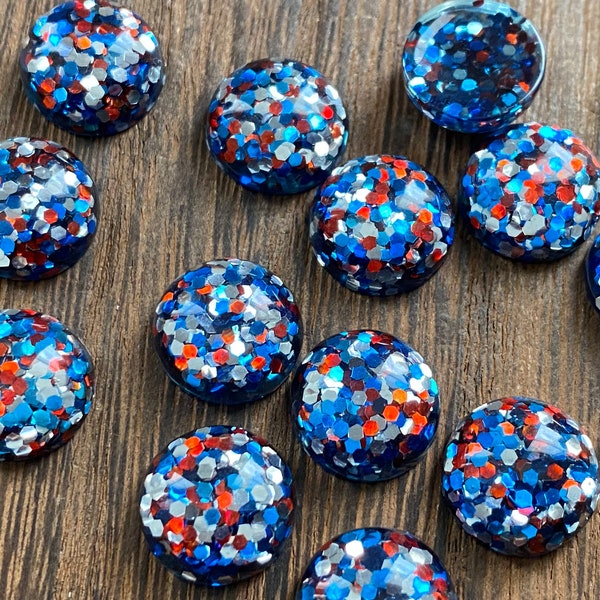 Red white and blue glitter 12mm resin cabochons - 10 pcs l Earring making jewelry supplies, Resin glitter round Cabochon DIY supplies