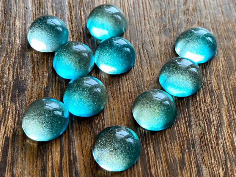 Aqua teal and gold transparent sparkle Glass 12mm photo Cabochons 10pcs image 1