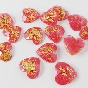 Red Gold Leaf Heart Cabochons: 12mm Resin Gems, 10pcs