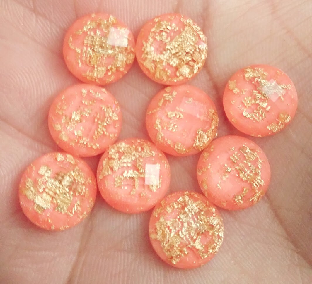Peach melon 12mm Gold leaf faceted resin cabochons -10pcs