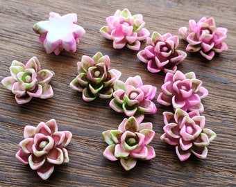 Pink and green 14mm Succulent / flower watercolor Cabochons 10pcs l Earring making jewelry supplies, Resin flower Cabochon DIY supplies