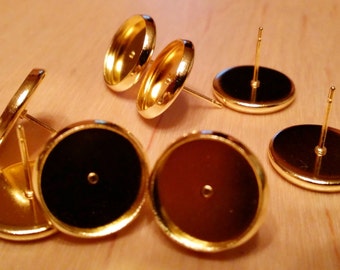 Gold tone 12mm tray cabochon earring setting 10pcs Earring making jewelry supplies, Bezel cabochon stud setting DIY supply