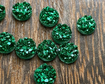 Deep green 8mm chunky glitter faux druzy Cabochons 10pcs l Earring making Jewelry supplies, Round resin bezel Cabochon DIY supplies