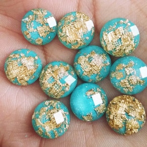 Aqua 12mm Gold leaf faceted resin cabochons -10pcs l Earring making jewelry supplies, Resin round Gold leaf Cabochon DIY supplies