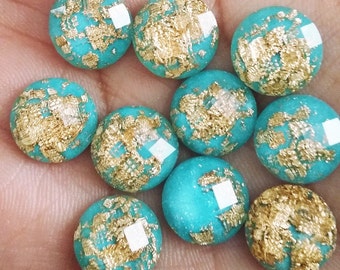 Aqua 12mm Gold leaf faceted resin cabochons -10pcs l Earring making jewelry supplies, Resin round Gold leaf Cabochon DIY supplies