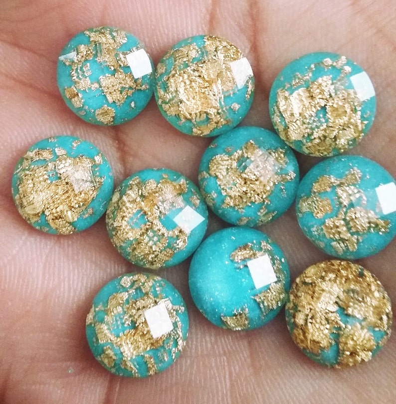 Aqua 12mm Gold leaf faceted resin cabochons 10pcs l Earring making jewelry supplies, Resin round Gold leaf Cabochon DIY supplies image 1