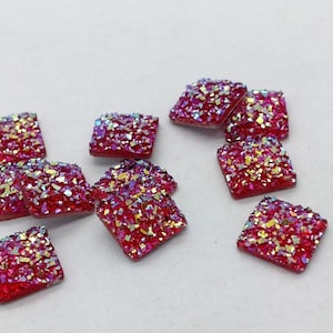 Ruby Red Resin Druzy Square Cabochons: Earring Making Supplies (10pcs)