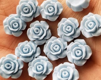 Matte Light blue 13mm Rose flower Cabochons 10pcs l Earring making jewelry supplies, Resin flower Cabochon DIY supplies