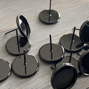 Black 12mm Cabochon Earring Settings: Brass Bezel Studs, DIY Jewelry Making (10 Pieces)