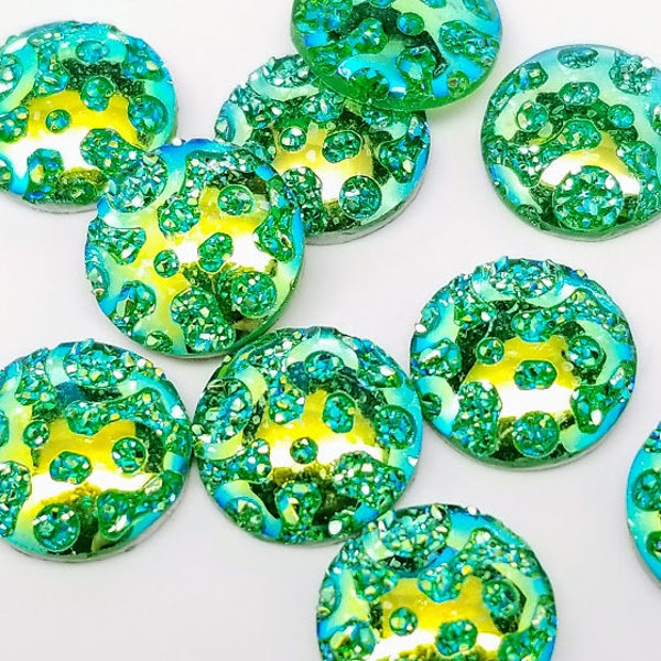 Ab Green 12mm Faux Druzy Crop Circle Cabochons 10pcs - F14:16 l Earring making jewelry supplies, Round resin bezel Cabochon DIY