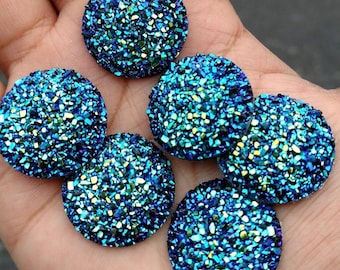 Iridescent Blue Green Druzy Cabochons: 25mm Resin Flatbacks (6pcs)