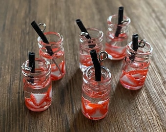 Strawberry slice infused water in glass mason jar pendants 25x10mm - 6pieces l Earring making jewelry supplies, Cabochon DIY supply Charms