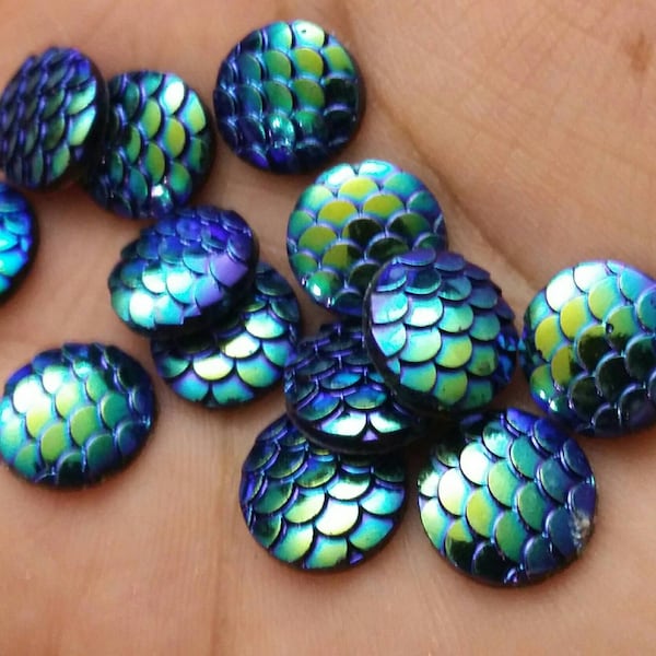 metallic blue green 12mm resin cabochon mermaid fish scales- 8pcs l Earring making jewelry supplies, Resin round Cabochon DIY supplies