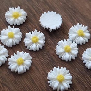 May include: A collection of white daisy-shaped embellishments with yellow centers. The floral decorations are arranged on a wooden surface. These small, detailed flowers are suitable for crafts and DIY projects.