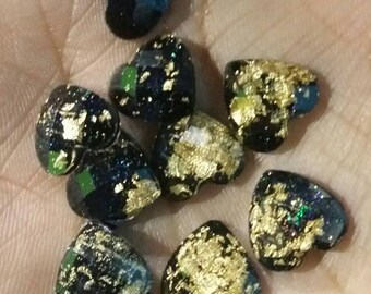 Black Gold leaf faceted 12mm resin heart cabochons -10pcs l Earring making jewelry supplies, Resin heart Cabochon DIY supplies