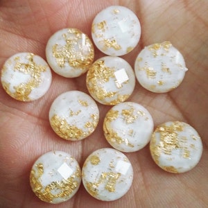 White 12mm Gold leaf faceted resin cabochons -10pcs 0 l Earring making jewelry supplies, Resin round Gold leaf Cabochon DIY supplies