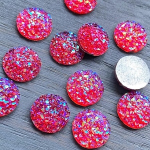 Ruby AB Iridescent Druzy Cabochons: 12mm Resin Flatbacks, 10pcs