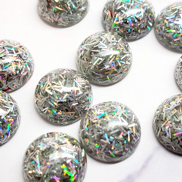 Silver holographic string glitter 12mm Resin Cabochons - 10 pcs l Earring making jewelry supplies, Resin glitter round Cabochon DIY supplies