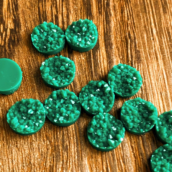 Green druzy earrings, Round glitter resin stud earrings, Geode