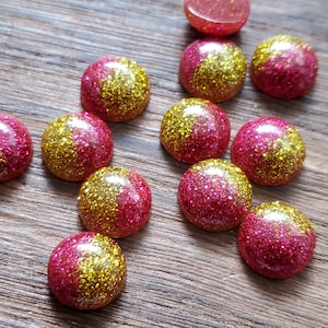 Hot pink and gold glitter 12mm Resin dome Cabochons - 10 pcs l Earring making jewelry supplies, Resin glitter round Cabochon DIY supplies